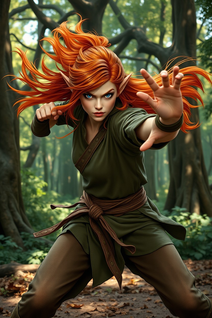 A copper-haired, blue-eyed elf monk in a dynamic battle stance within a dense forest