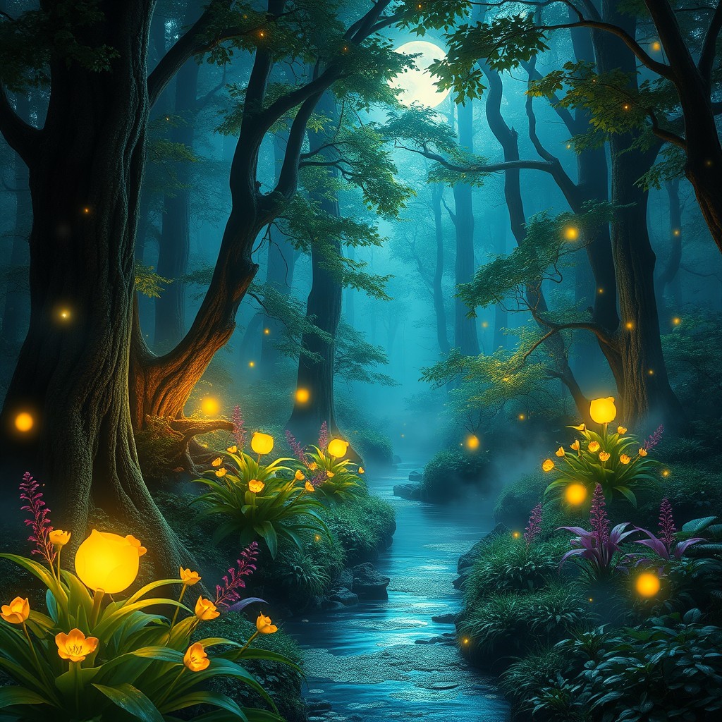 A mystical forest background, filled with vibrant, glowing plants and ethereal fairy lights illuminating the scene