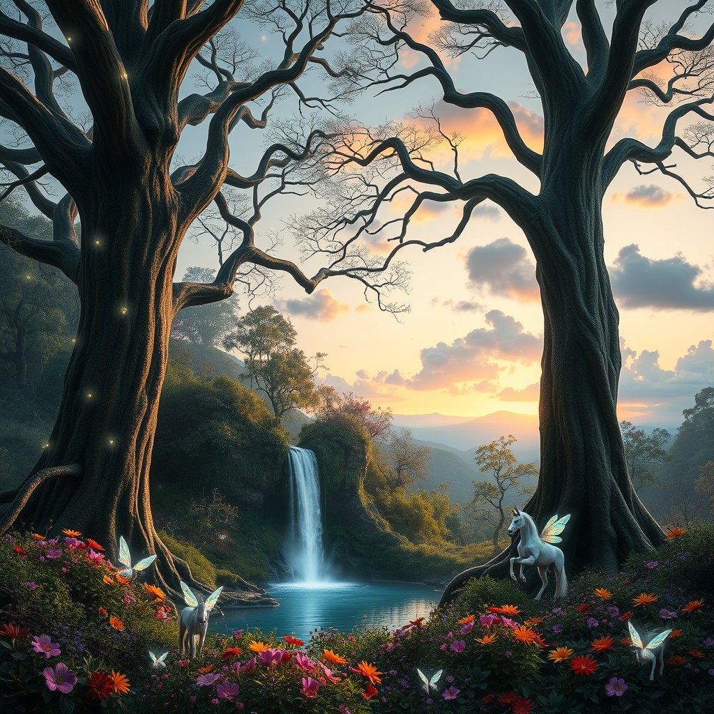 A breathtaking mystical background featuring an enchanted forest with tall, ancient trees whose branches are intertwined with glowing vines and ethereal lights