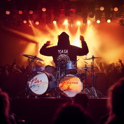 A hefty male metal drummer wearing a hat and hoodie adorned with the inscription 'YASA', performing on a grand stage with a large audience and cool lighting effects.