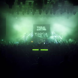 A hefty male metal drummer wearing a hat and hoodie adorned with the inscription 'YASA', performing on a grand stage with a large audience and cool lighting effects.