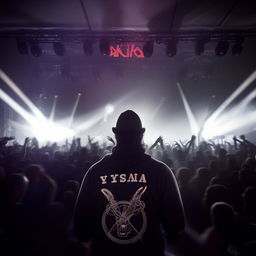 A hefty male metal drummer wearing a hat and hoodie adorned with the inscription 'YASA', performing on a grand stage with a large audience and cool lighting effects.