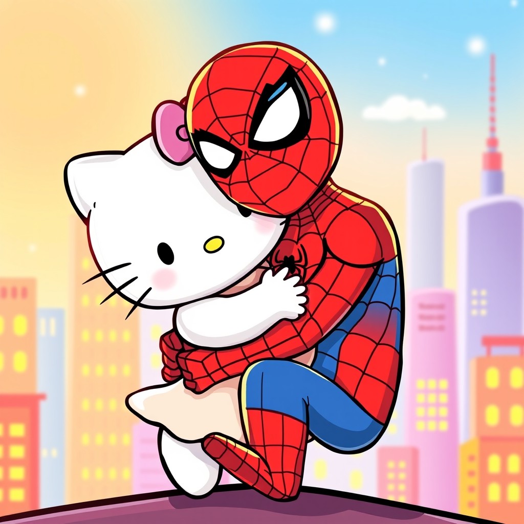 A cute, whimsical illustration of Hello Kitty and Spiderman hugging each other tightly in a friendly and playful manner