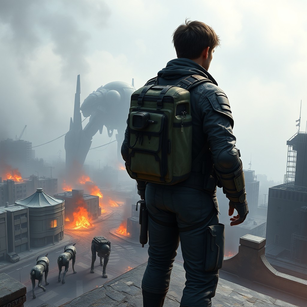A fantastical book cover featuring the main character in military gear with a backpack, standing on the rooftop of a building