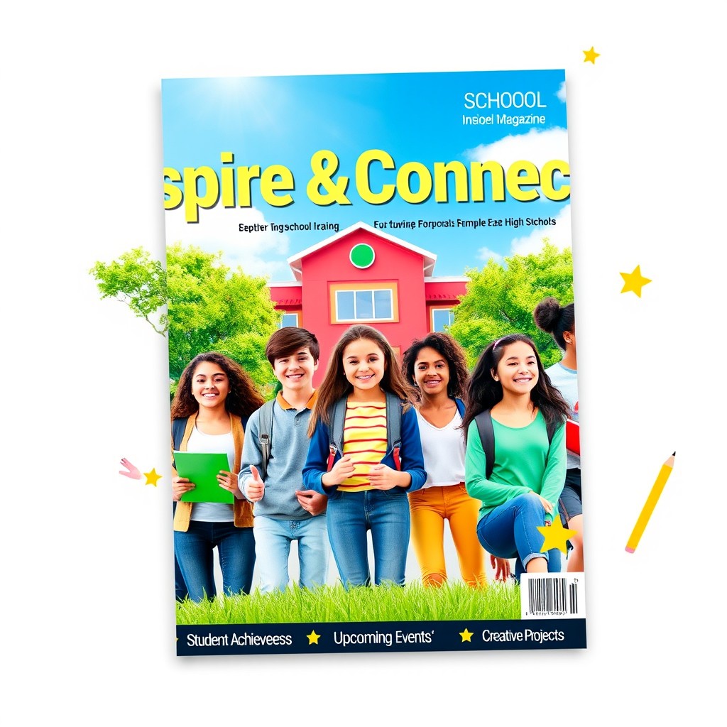A vibrant and engaging school magazine cover design featuring a diverse group of high school students happily engaged in various activities such as studying, collaborating on projects, and participating in sports