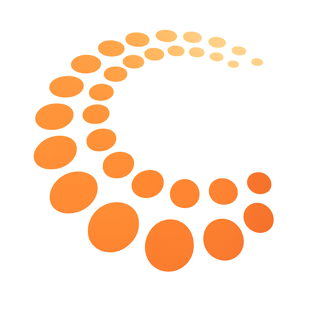 Create a clean, high-resolution vector logo on a transparent background. A sweeping, semi-circular swirl of evenly spaced circles that starts large at the lower left and gradually becomes smaller and lighter as it curves up and to the right. Circles are solid and arranged in a smooth spiral arc, forming a letter-C–shaped path.
• Use a warm orange color palette that transitions from deep orange at the base to light orange at the tip.
• Modern, minimal, no text, no gradients other than the natural color shift.”
That description focuses on shape (spiral of circles), layout (large to small, lower-left to upper-right curve), and color (deep-to-light orange).