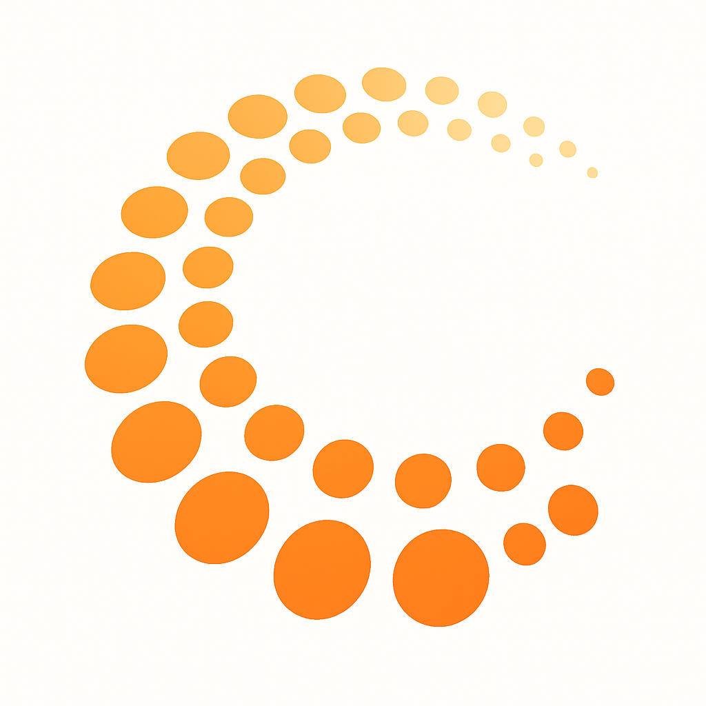 3 rows semi-circular swirl of evenly spaced circles that starts large at the lower left and gradually becomes smaller and lighter as it curves up and to the right. Circles are solid and arranged in a smooth spiral arc, forming a letter-C–shaped path.
• Use a warm orange color palette that transitions from deep orange at the base to light orange at the tip.
• Modern, minimal, no text, no gradients other than the natural color shift.”
That description focuses on shape (spiral of circles), layout (large to small, lower-left to upper-right curve), and color (deep-to-light orange).