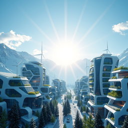 Design a modern futuristic city set against the backdrop of Siberian snow-capped mountains
