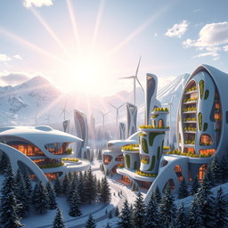 Design a modern futuristic city set against the backdrop of Siberian snow-capped mountains