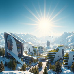 Design a modern futuristic city set against the backdrop of Siberian snow-capped mountains