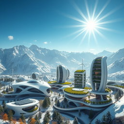 Design a modern futuristic city set against the backdrop of Siberian snow-capped mountains