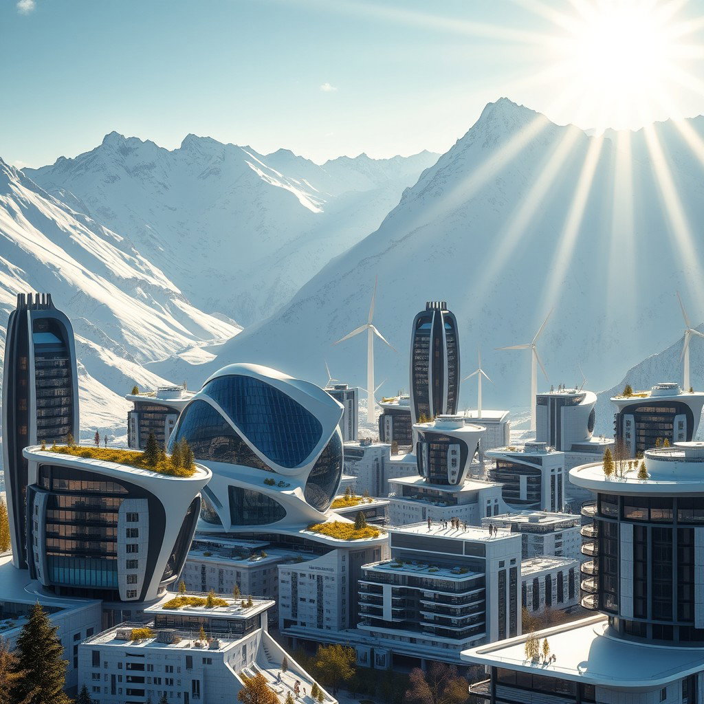 Create a modern futuristic city design set against the stunning backdrop of Siberian snow-capped mountains