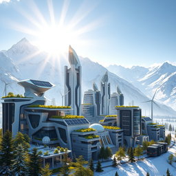 Create a modern futuristic city design set against the stunning backdrop of Siberian snow-capped mountains