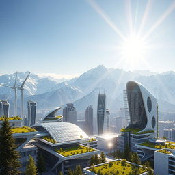 Create a modern futuristic city design set against the stunning backdrop of Siberian snow-capped mountains