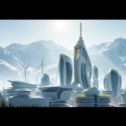 Create a modern futuristic city design set against the stunning backdrop of Siberian snow-capped mountains