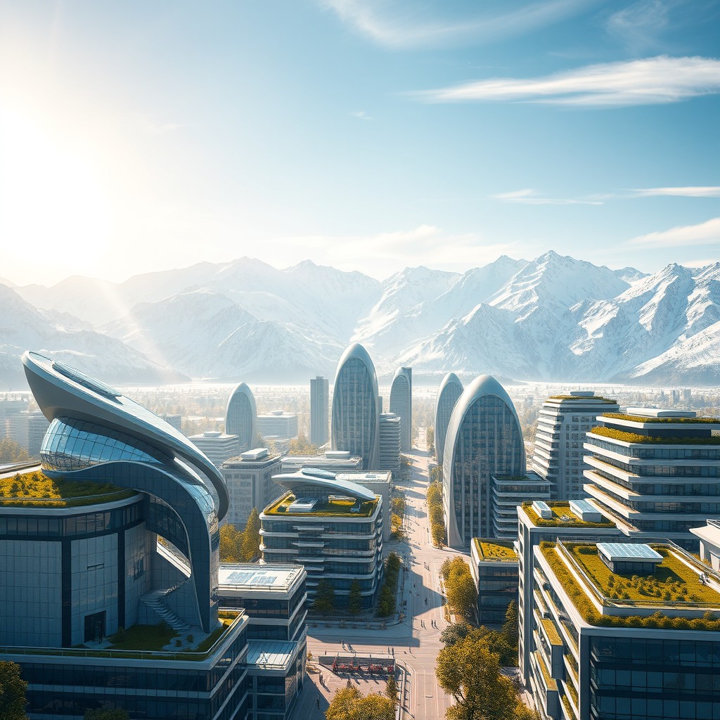 Design a modern futuristic city against the backdrop of Siberian snow-capped mountains