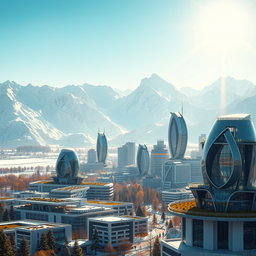 Design a modern futuristic city against the backdrop of Siberian snow-capped mountains