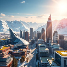 Design a modern futuristic city against the backdrop of Siberian snow-capped mountains