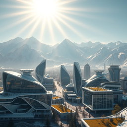 Design a modern futuristic city against the backdrop of Siberian snow-capped mountains