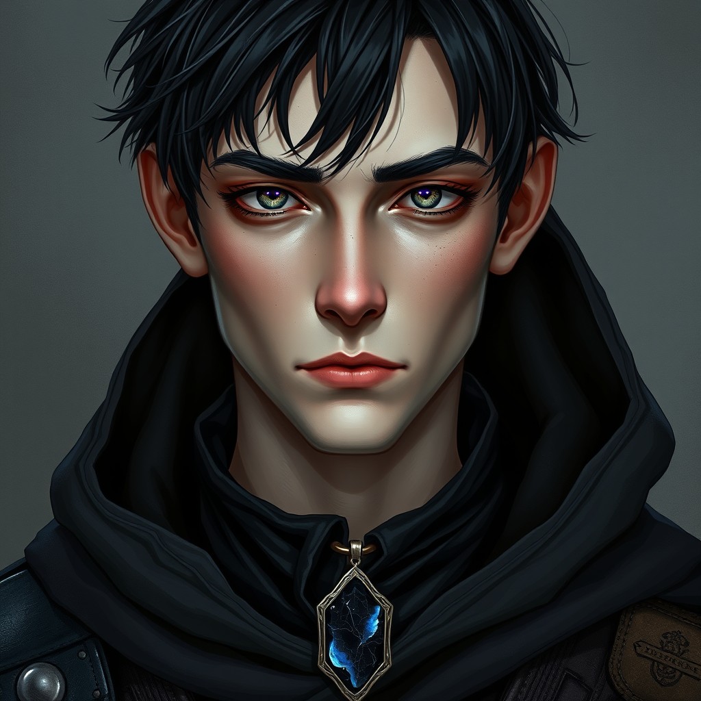 A character portrait of a 22-year-old human male whose expression gives him an older appearance