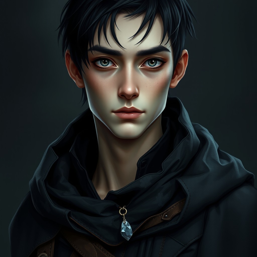 A portrait of a 22-year-old male character, whose gaze makes him appear older