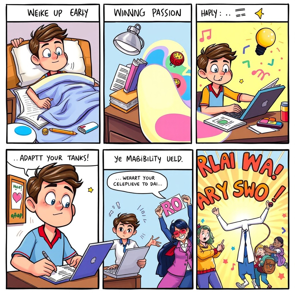 A vibrant comic strip illustrating the journey of a character who embodies qualities of hard work, passion, creativity, adaptability, and discipline
