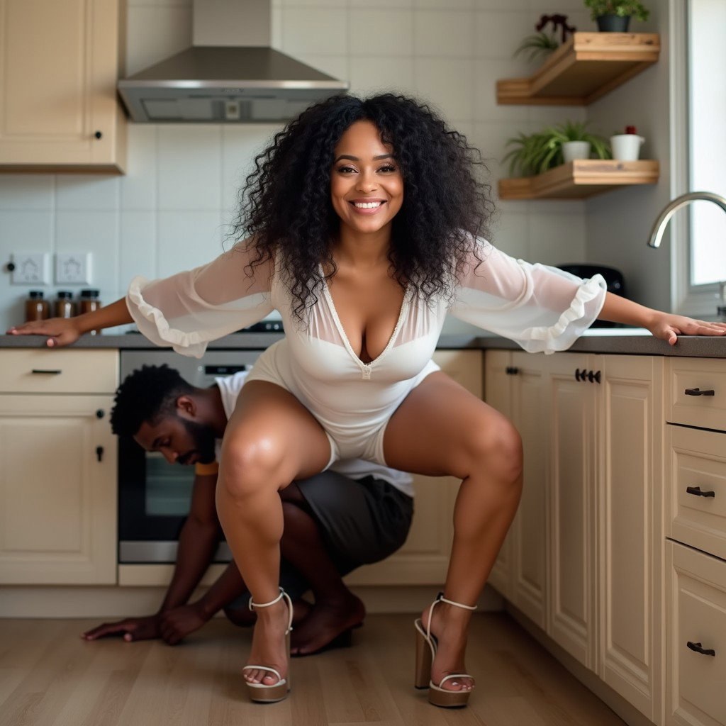 A smiling light-skinned woman with thick legs and prominent hips, featuring long, curly black hair and pronounced cheekbones