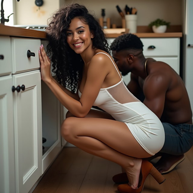 A light-skinned woman with a cheerful smile, showcasing very thick legs and prominent hips, with long, curly black hair and pronounced cheekbones
