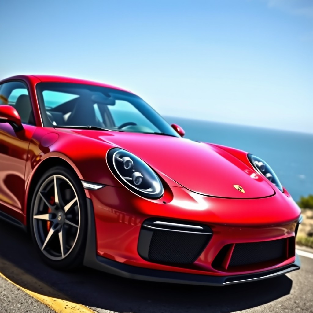 A sleek and powerful Porsche GTR sports car, featuring a glossy metallic paint finish in vibrant red, showcasing its aerodynamic curves and aggressive stance