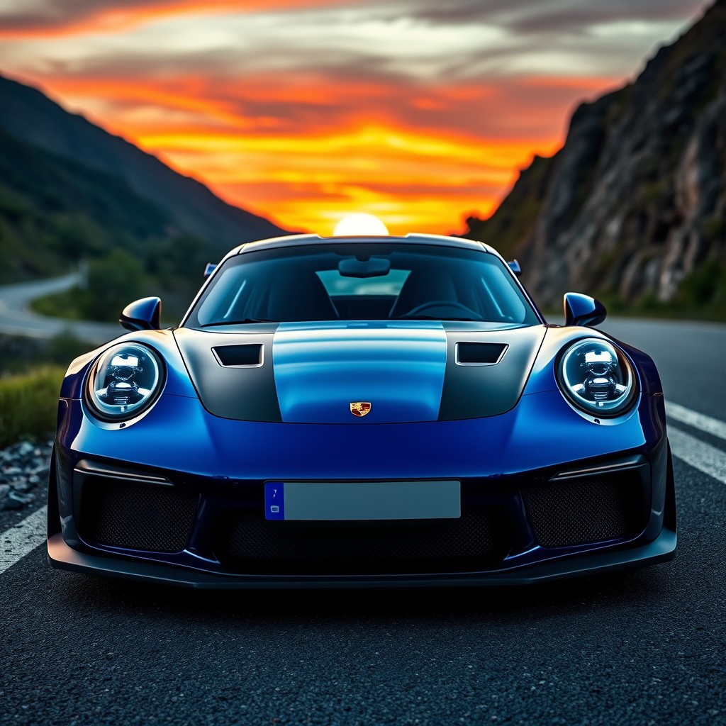 An exquisitely detailed Porsche GTR sports car, featuring a striking glossy blue metallic finish that highlights its sleek aerodynamic design