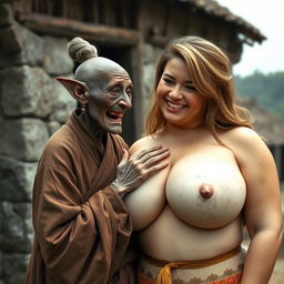 In a medieval village, an elderly black woman who is very short and malnourished has rotten teeth and elf-like ears