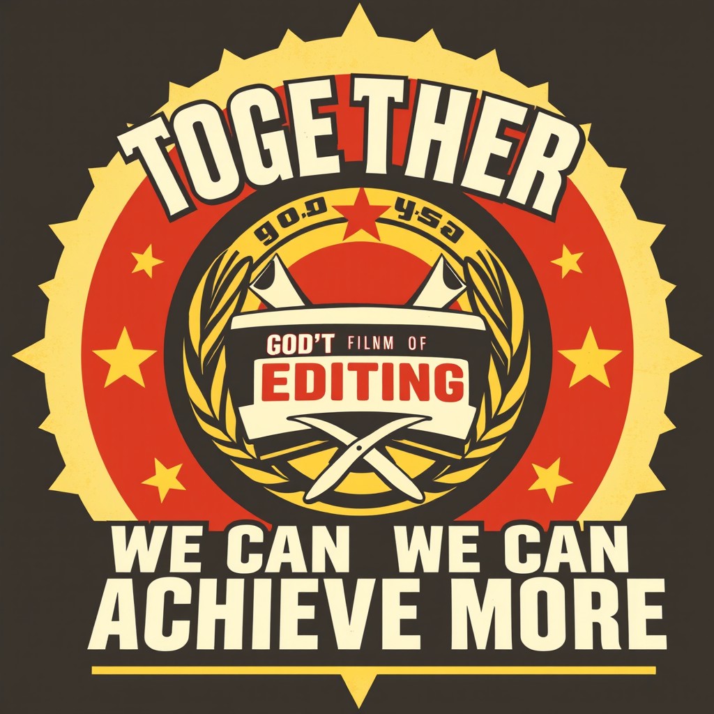 A poster in the style of Soviet labor propaganda, featuring bold, motivational typography that reads: 'Together We Can Achieve More'
