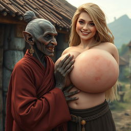 In a medieval village, an elderly black woman who is very short and malnourished has rotten teeth and elf-like ears