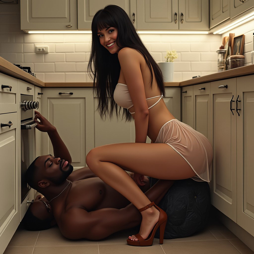 A light-skinned woman with a cheerful smile, presenting very thick legs and prominent hips, with long black hair and pronounced cheekbones