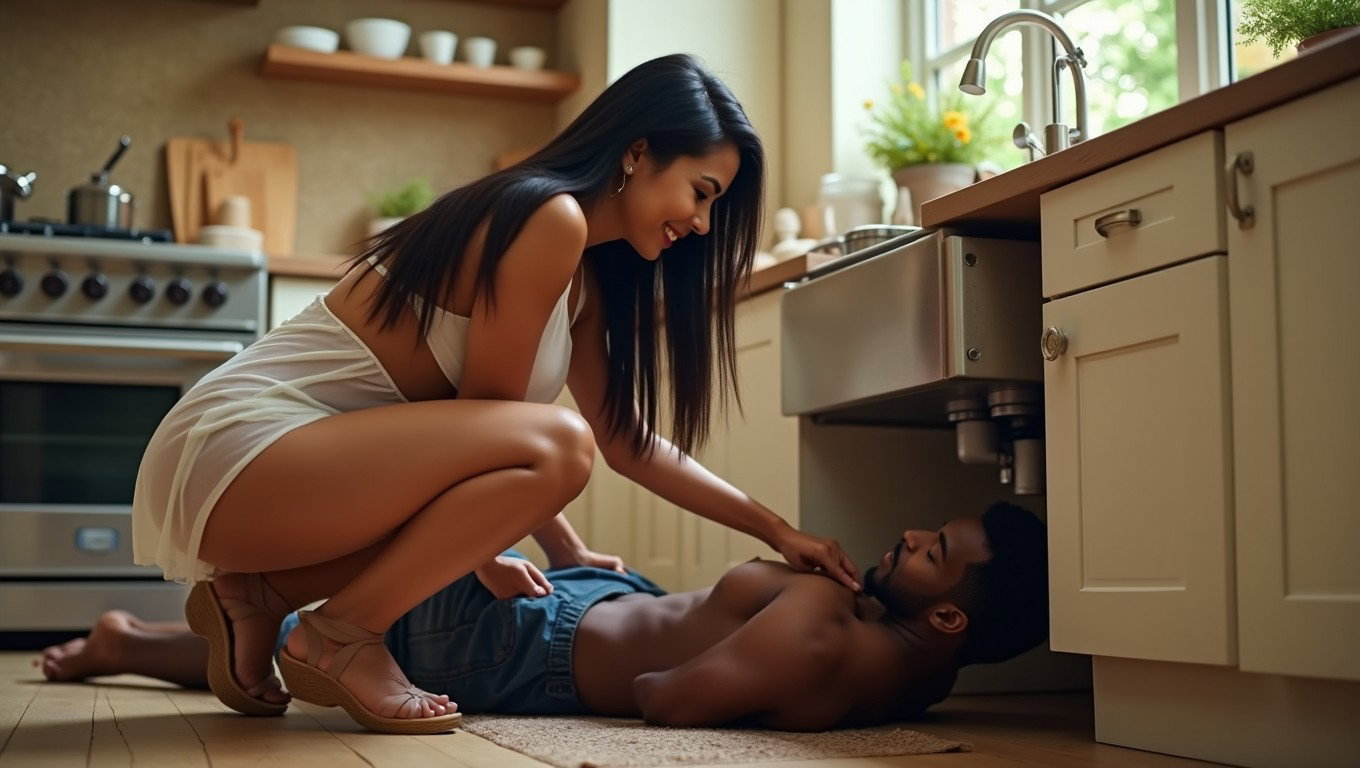 A smiling Latina woman with light skin, featuring very thick legs and prominent hips, long straight black hair, and pronounced cheekbones