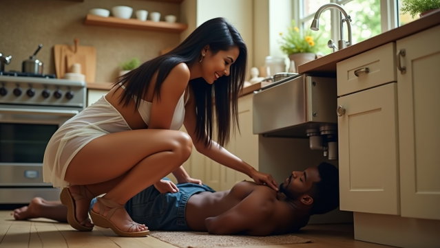 A smiling Latina woman with light skin, featuring very thick legs and prominent hips, long straight black hair, and pronounced cheekbones