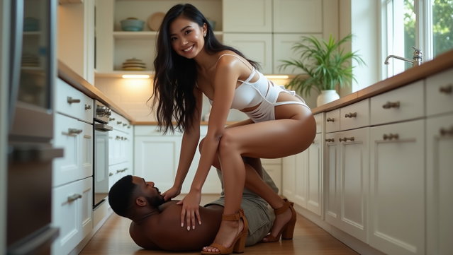 A light-skinned Latina woman with a bright smile, showcasing very thick legs and prominent hips, long black hair, and well-defined cheekbones