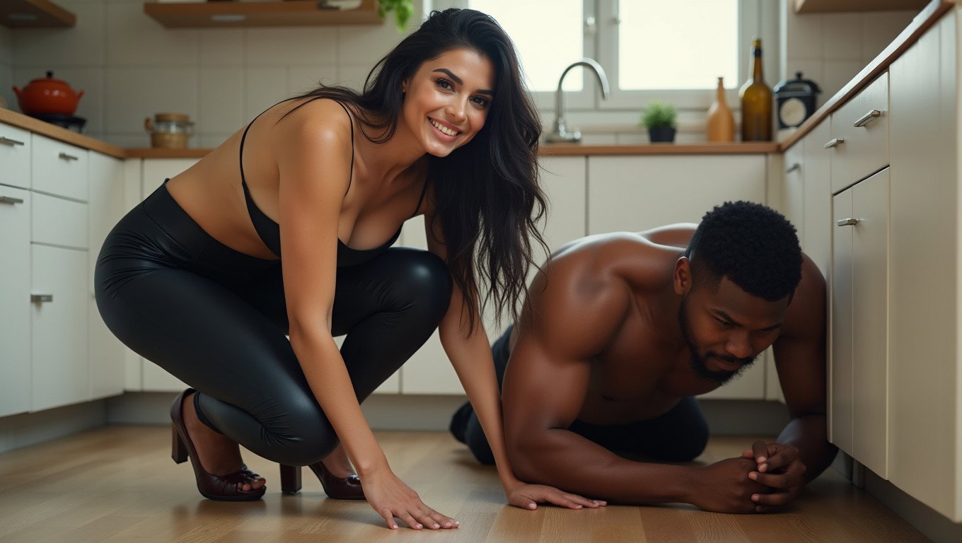 A smiling Latina woman with light skin, showcasing very thick legs and prominent hips, long black hair, and pronounced cheekbones