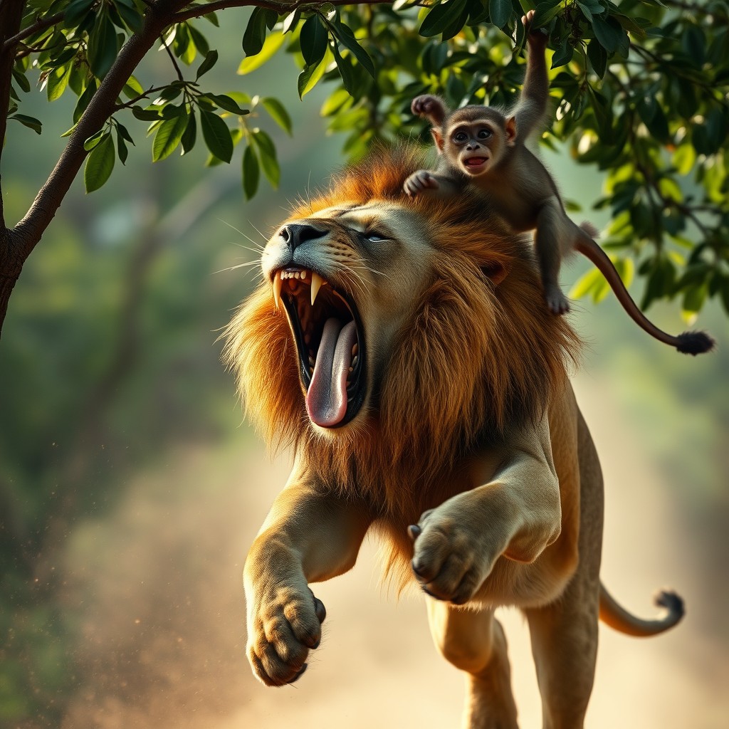 A dynamic medium shot of a lion roaring loudly, with saliva dripping from its mouth