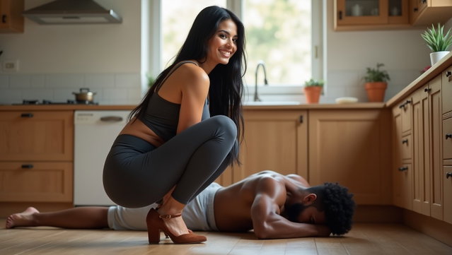 A smiling light-skinned Latina woman with very thick legs and prominent hips, featuring long black hair and pronounced cheekbones
