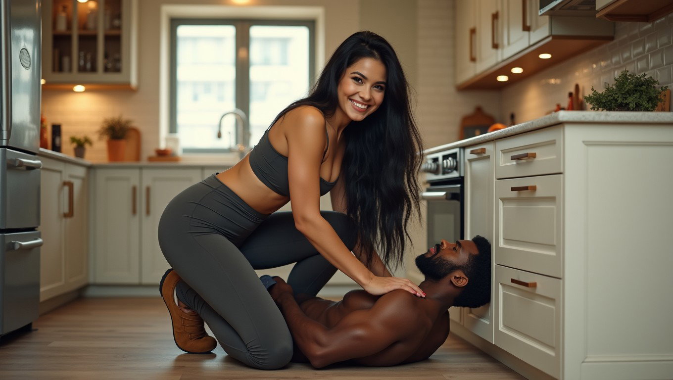 A smiling light-skinned Latina woman with very thick legs and prominent hips, long black hair, and defined cheekbones