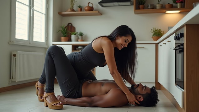 A smiling light-skinned Latina woman characterized by very thick legs and prominent hips, with long black hair and defined cheekbones