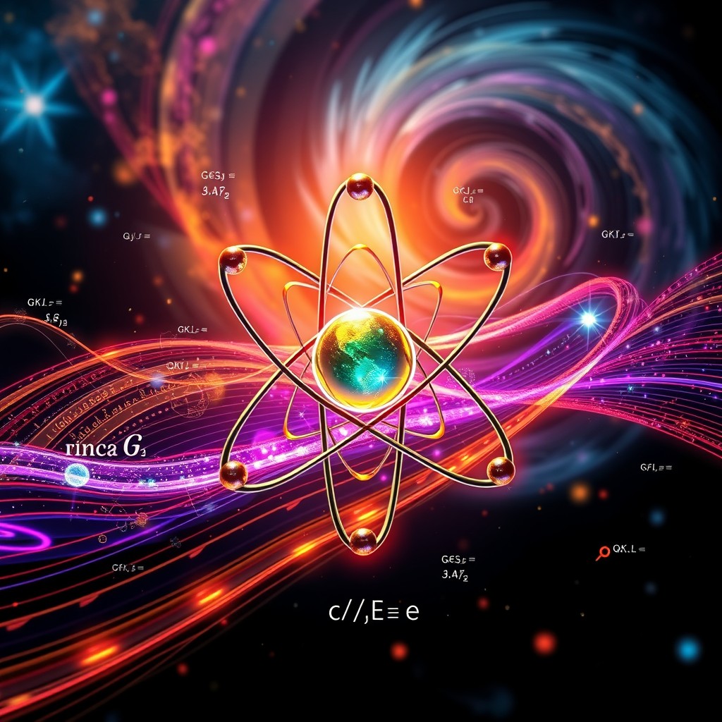 A visually engaging representation of physics concepts, featuring intricate designs of an atom with electrons orbiting, a colorful representation of electromagnetic waves, and swirling galaxies in the background