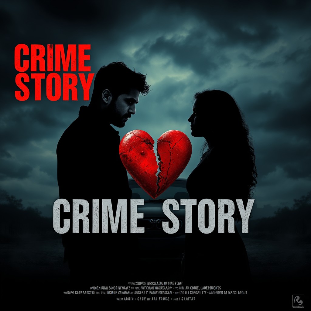 A dramatic cinematic movie poster for an Indian crime story featuring a man and woman in dark silhouettes facing each other under a moody, cloudy sky