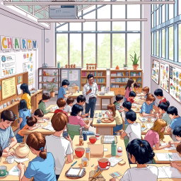 A detailed academic illustration representing the evaluation model in craft learning at schools and universities