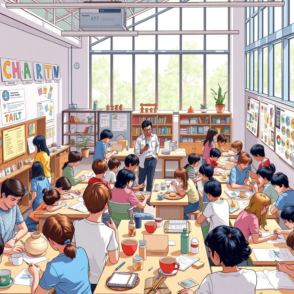A detailed academic illustration representing the evaluation model in craft learning at schools and universities