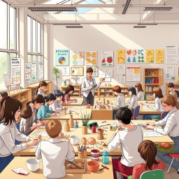 A detailed academic illustration representing the evaluation model in craft learning at schools and universities