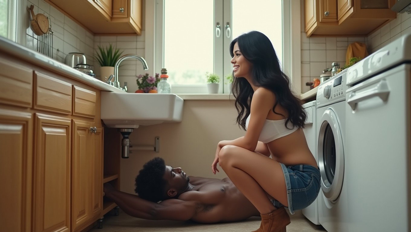 A smiling light-skinned Latina woman with very thick legs and prominent hips, long black hair, and pronounced cheekbones
