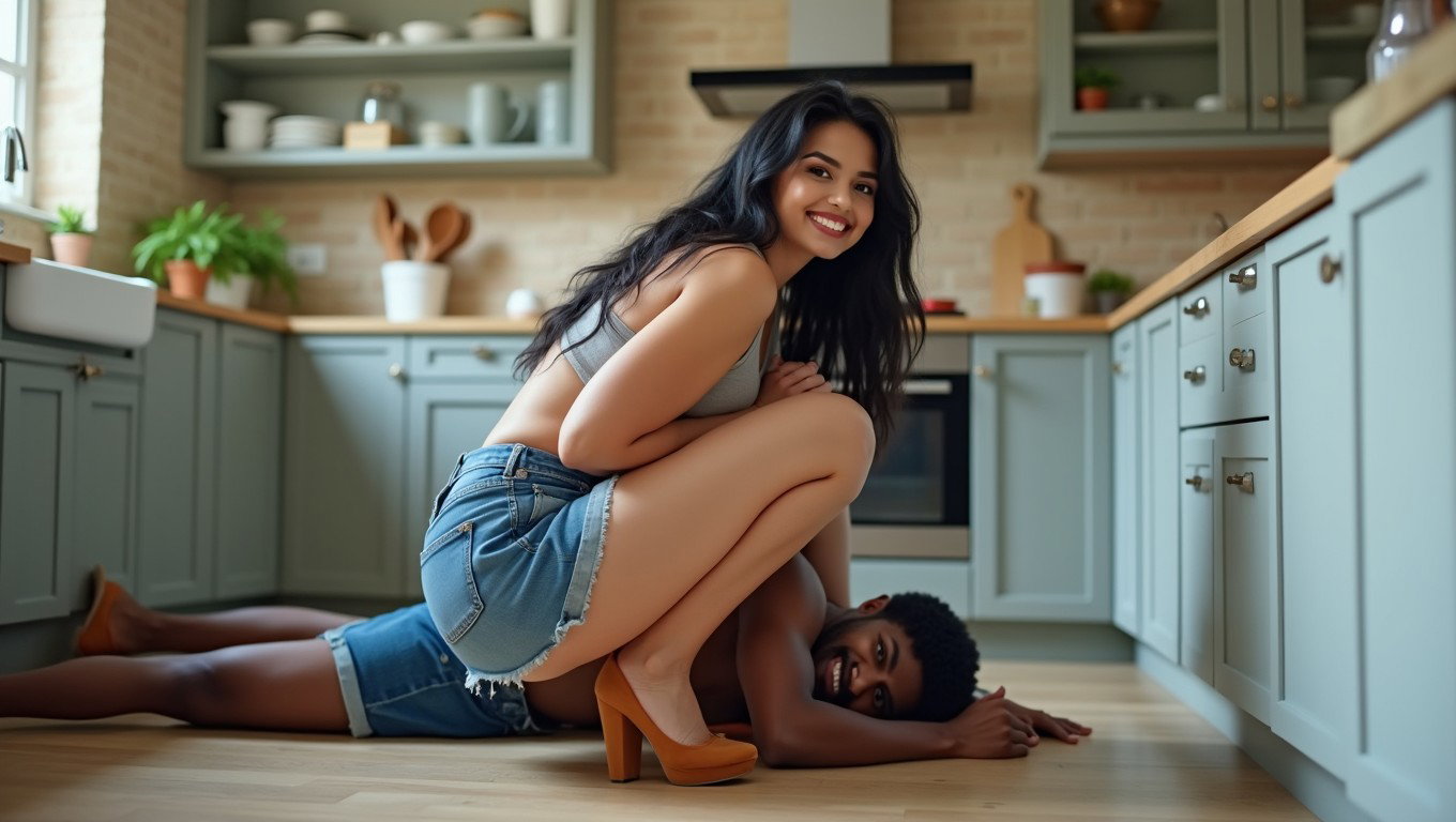 A smiling light-skinned Latina woman with very thick legs, prominent hips, long black hair, and pronounced cheekbones