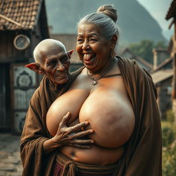 In a medieval village, an elderly black woman, extremely short and emaciated with rotten teeth and elf-like ears, wears a long, completely closed Buddhist robe